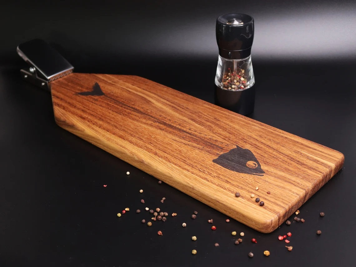 Oak cutting board for fish with clamp