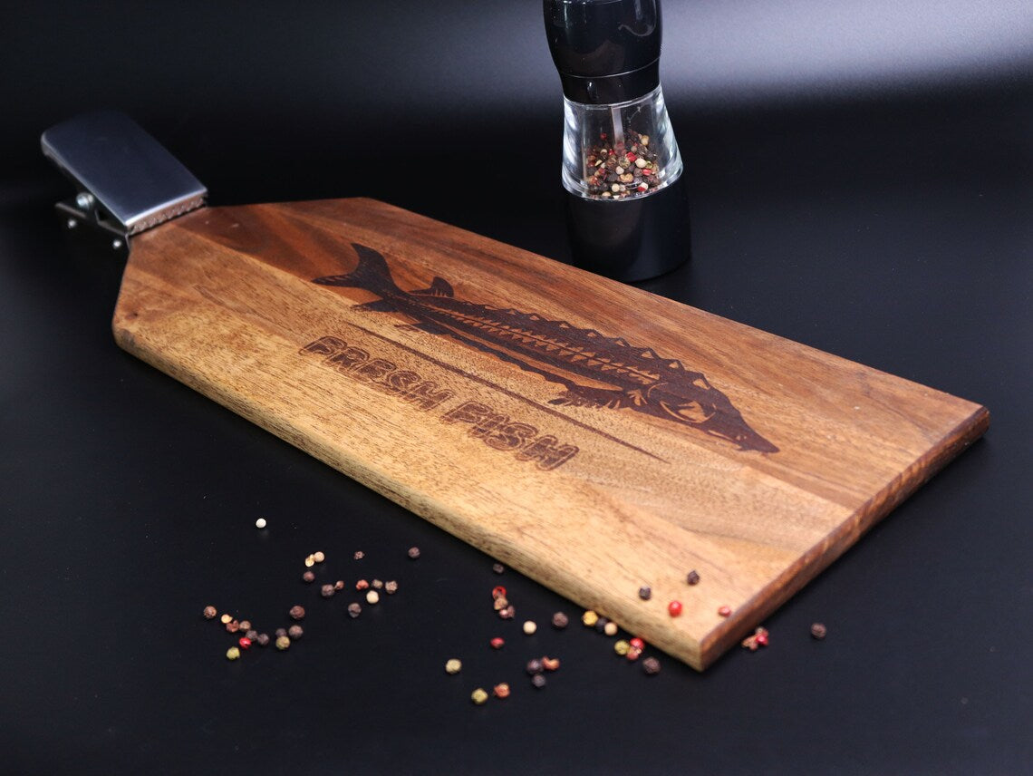 Walnut  cutting board for fish with clamp