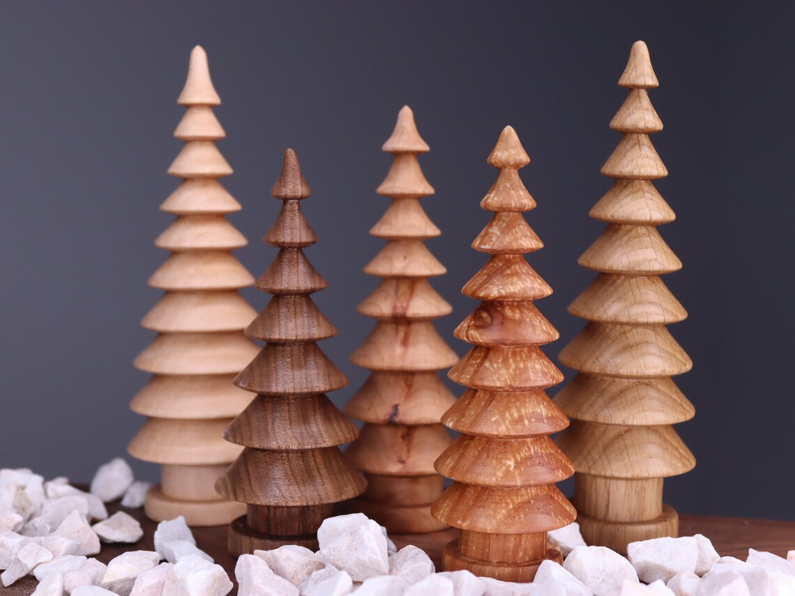 Beautiful five hand turned wooden Christmas trees