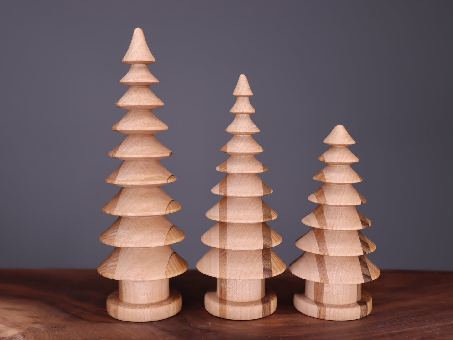 Hand turned wooden Christmas trees set