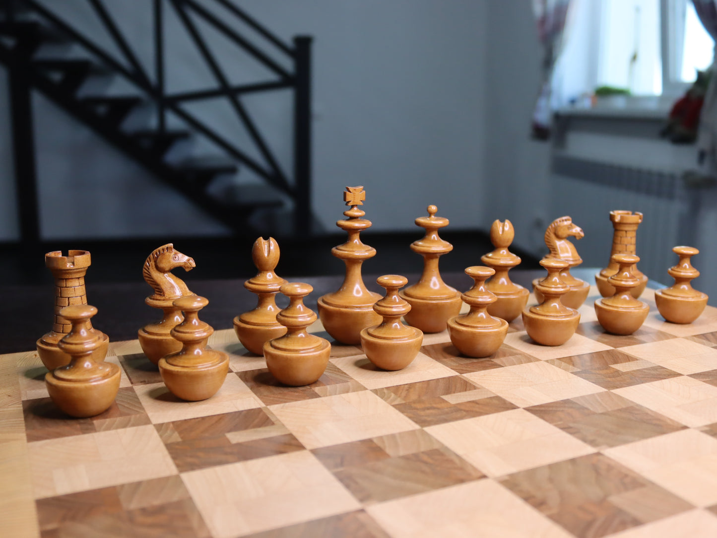 Reproduction of vintage German Schmitthenner self-righting chess set. chessmen roly-poly