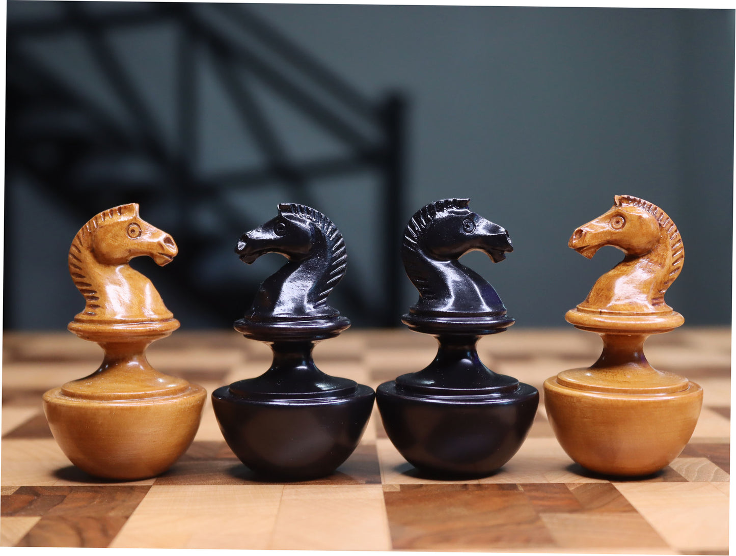 Reproduction of vintage German Schmitthenner self-righting chess set. chessmen roly-poly