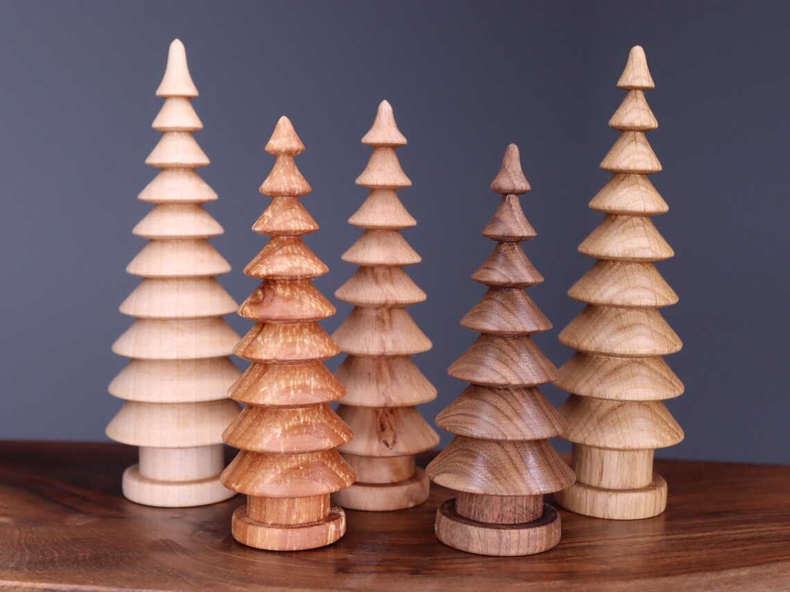 Beautiful five hand turned wooden Christmas trees