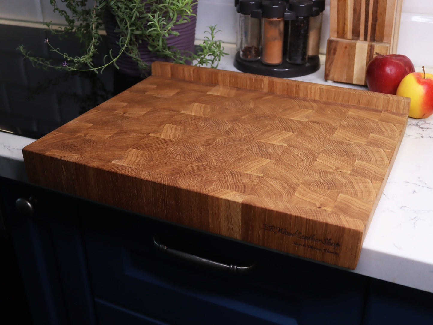 Unique end grain cutting board with double-side counter lip