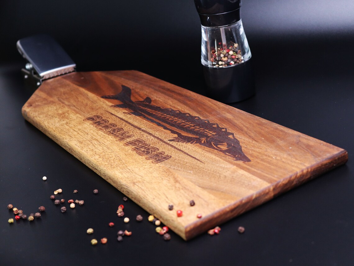 Walnut  cutting board for fish with clamp