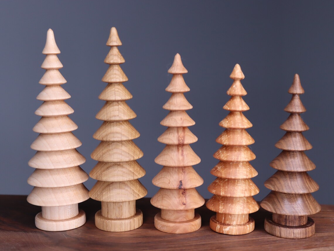 Beautiful five hand turned wooden Christmas trees