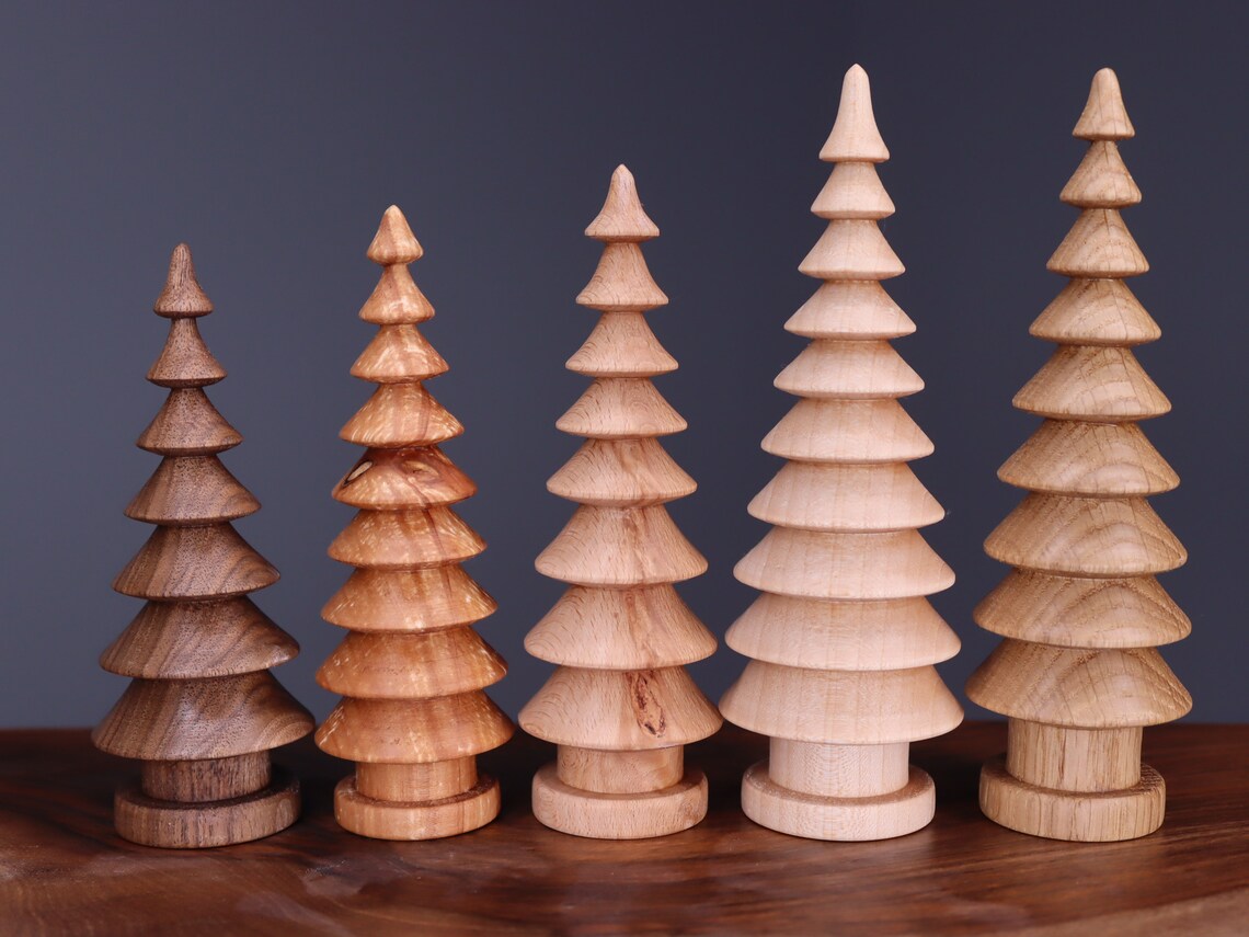 Beautiful five hand turned wooden Christmas trees