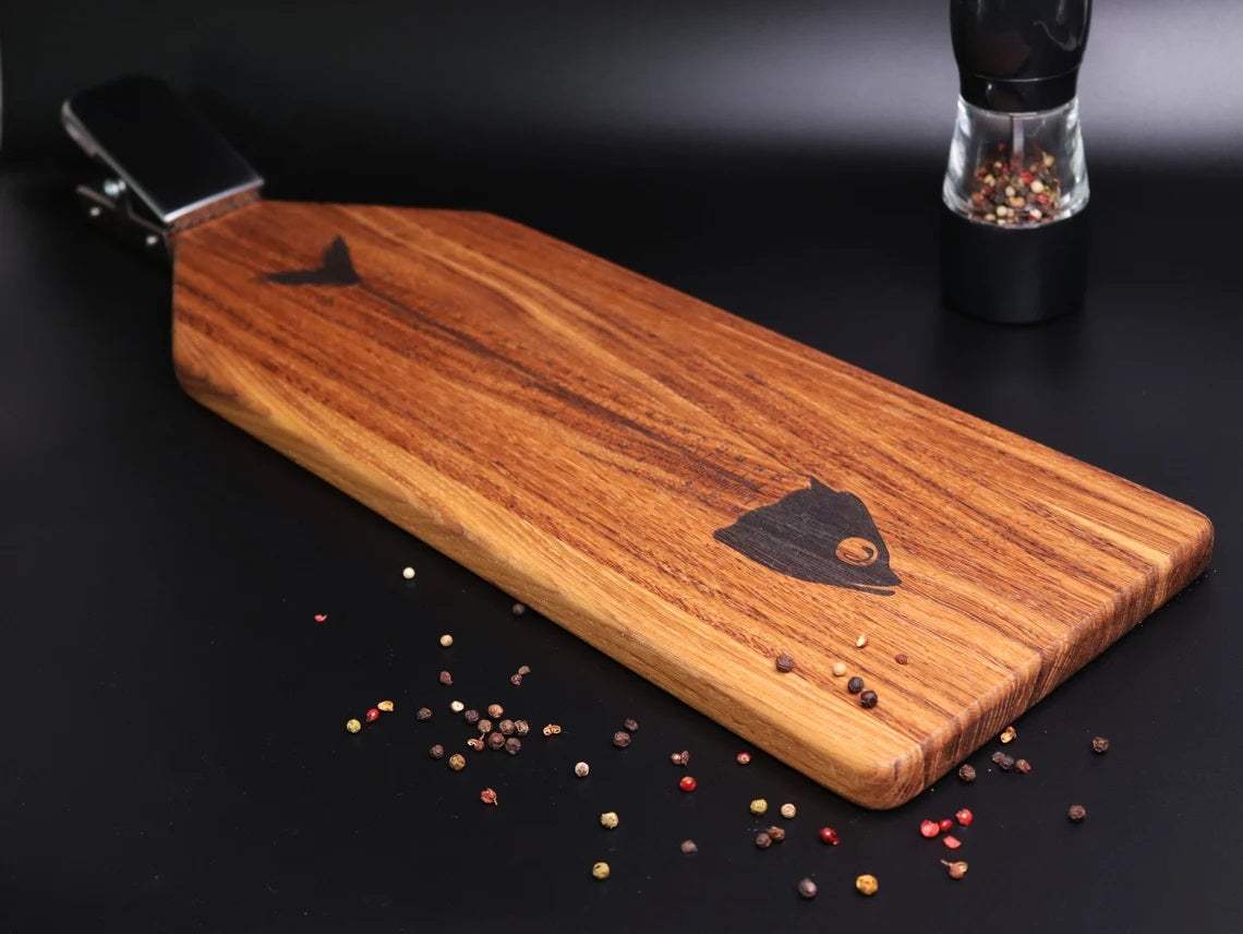 Oak cutting board for fish with clamp