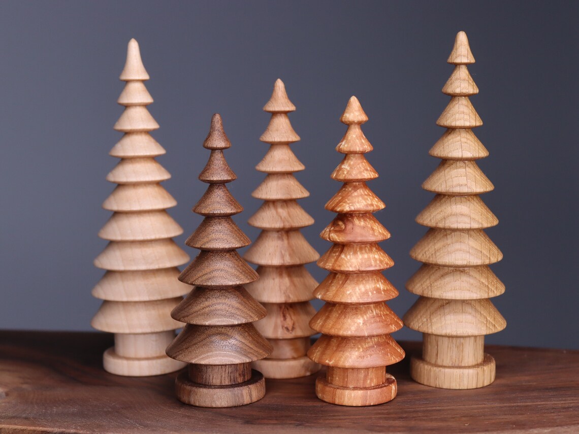 Beautiful five hand turned wooden Christmas trees