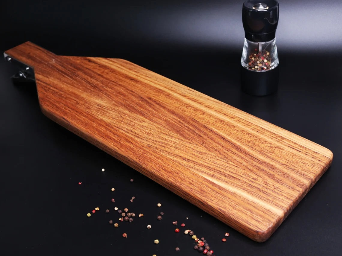 Oak cutting board for fish with clamp