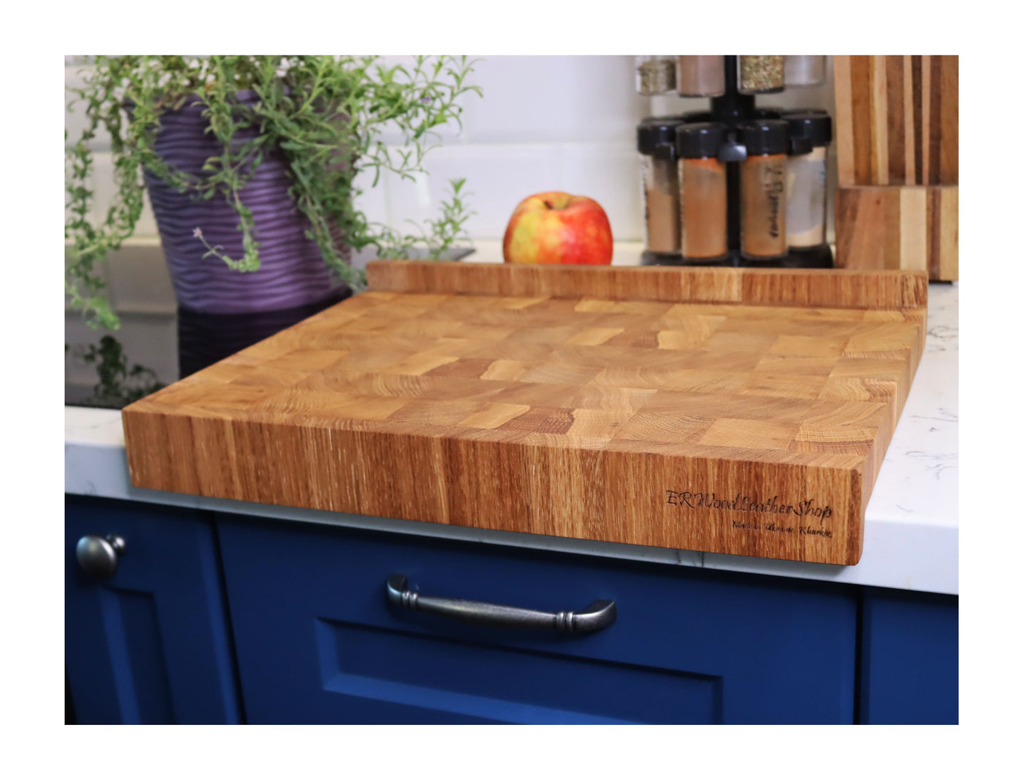 Unique end grain cutting board with double-side counter lip