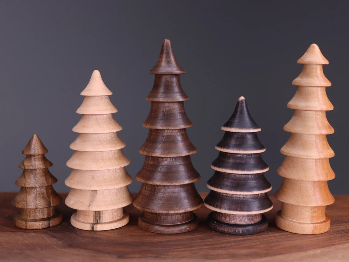 Beautiful five hand turned wooden Christmas trees