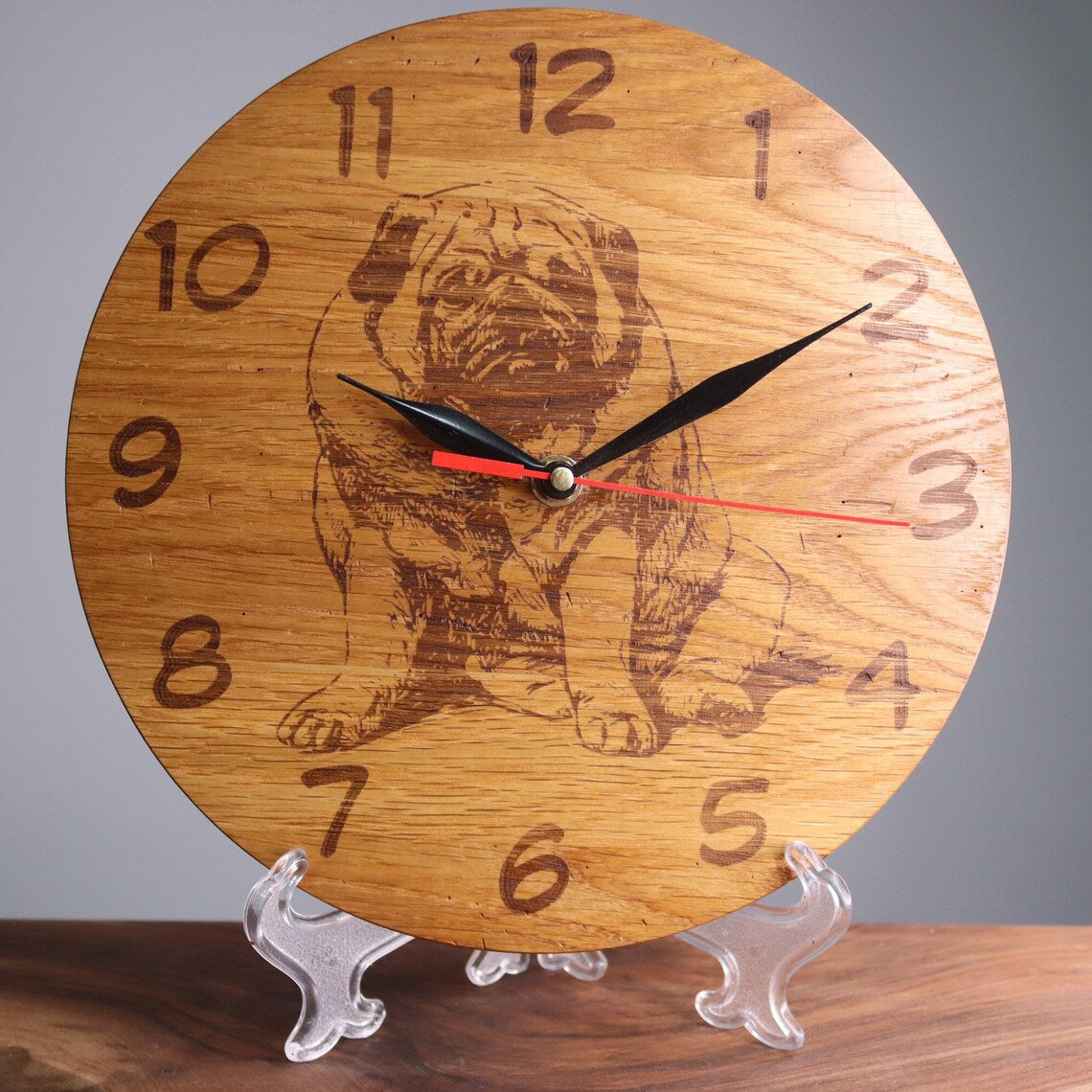 Exclusive wooden clock Pug-dog