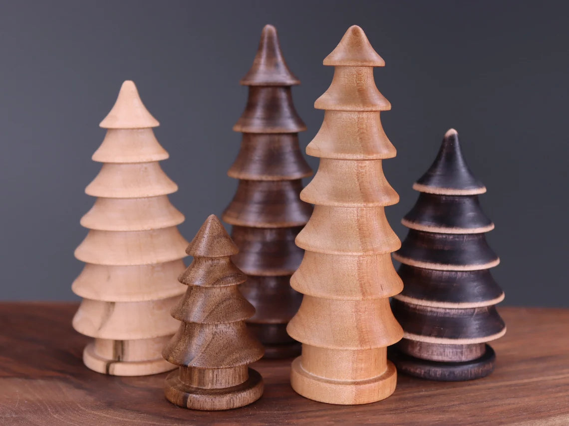 Beautiful five hand turned wooden Christmas trees