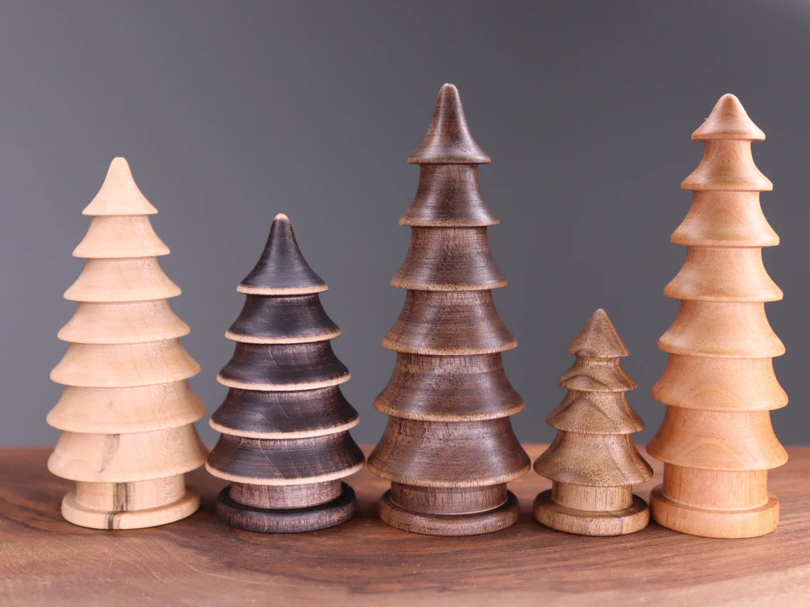 Beautiful five hand turned wooden Christmas trees