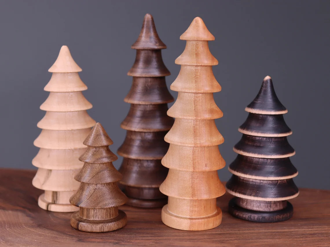 Beautiful five hand turned wooden Christmas trees