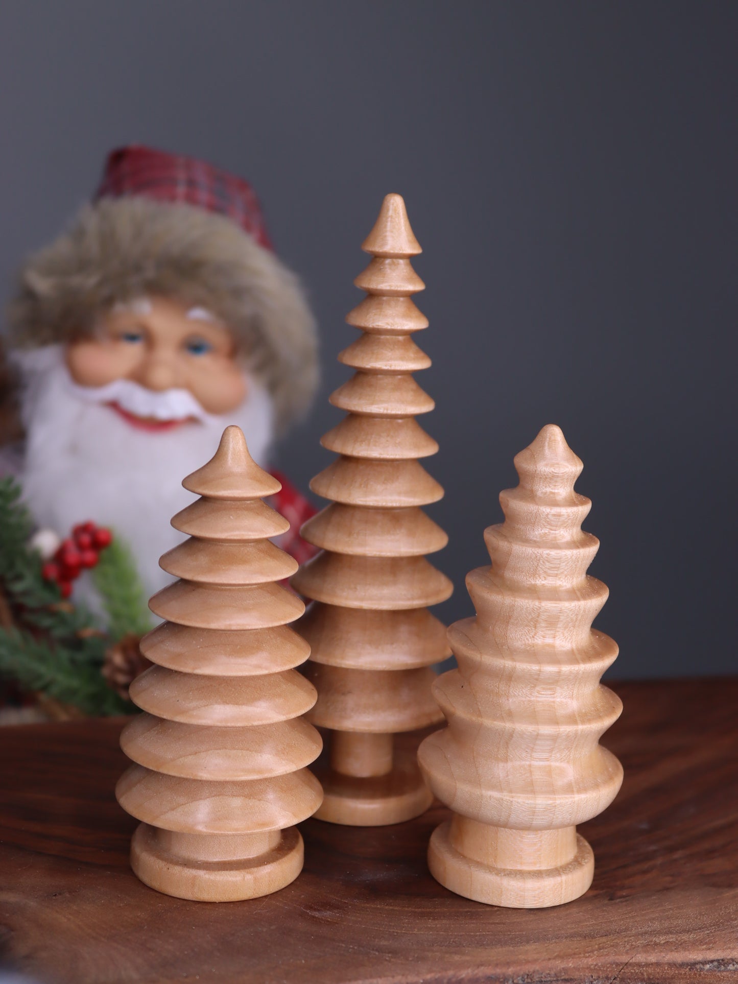 Hand turned wooden Christmas trees set