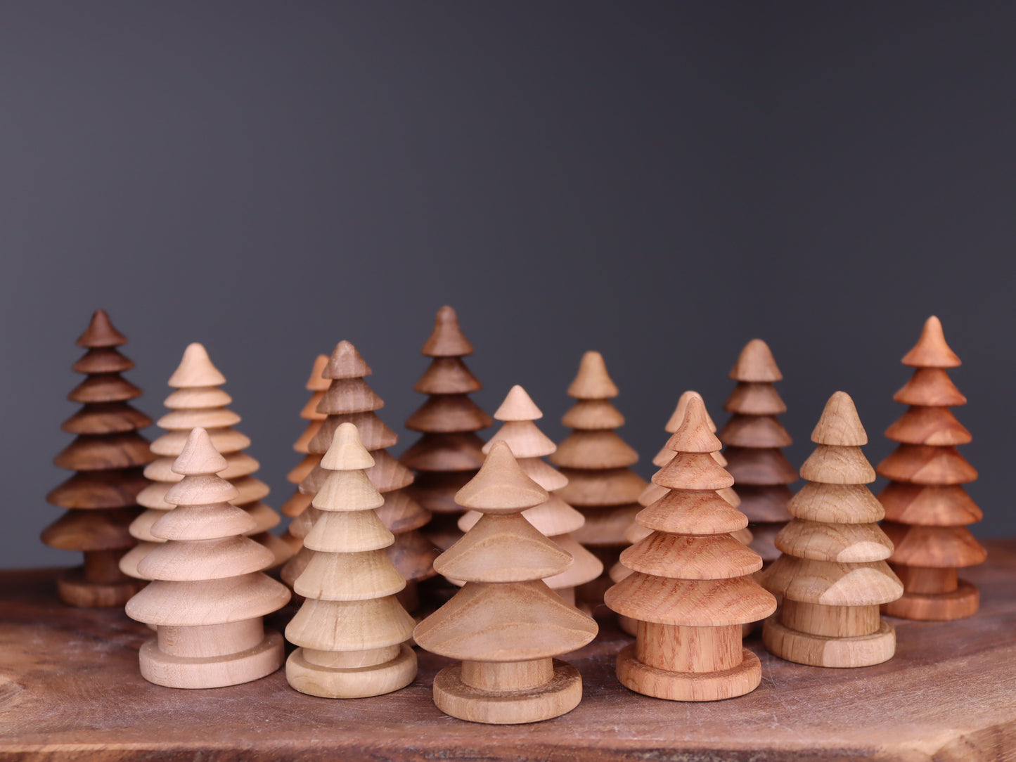 Beautiful forest of 15 hand turned wooden Christmas trees