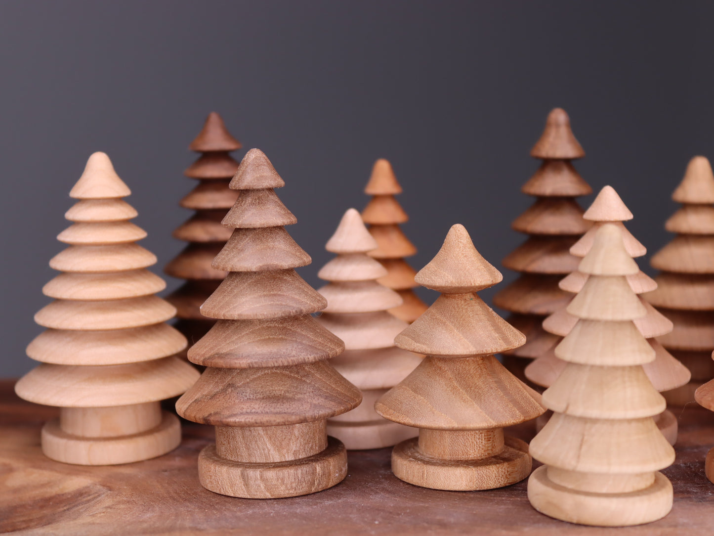 Beautiful forest of 15 hand turned wooden Christmas trees