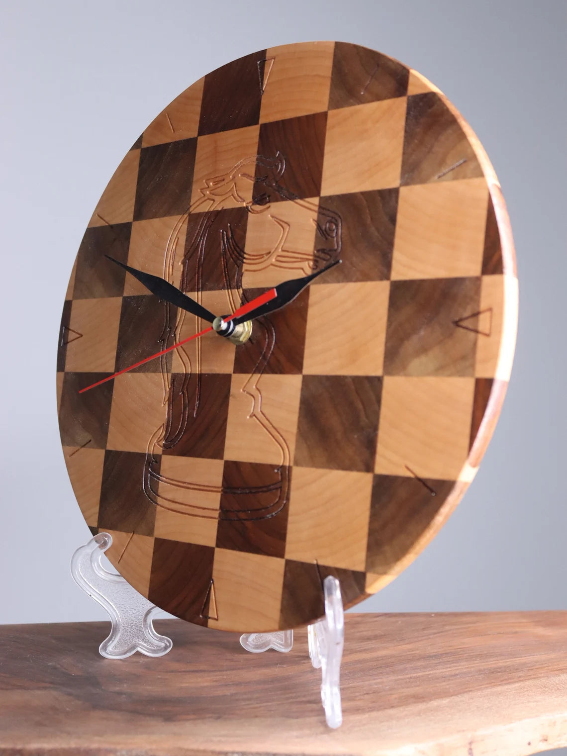 Exclusive end grain wooden clock chess knight