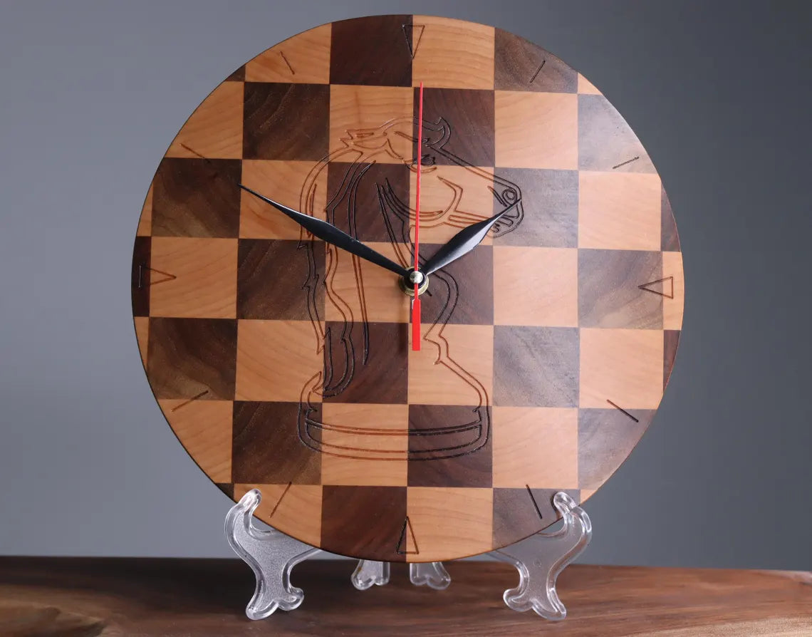 Exclusive end grain wooden clock chess knight