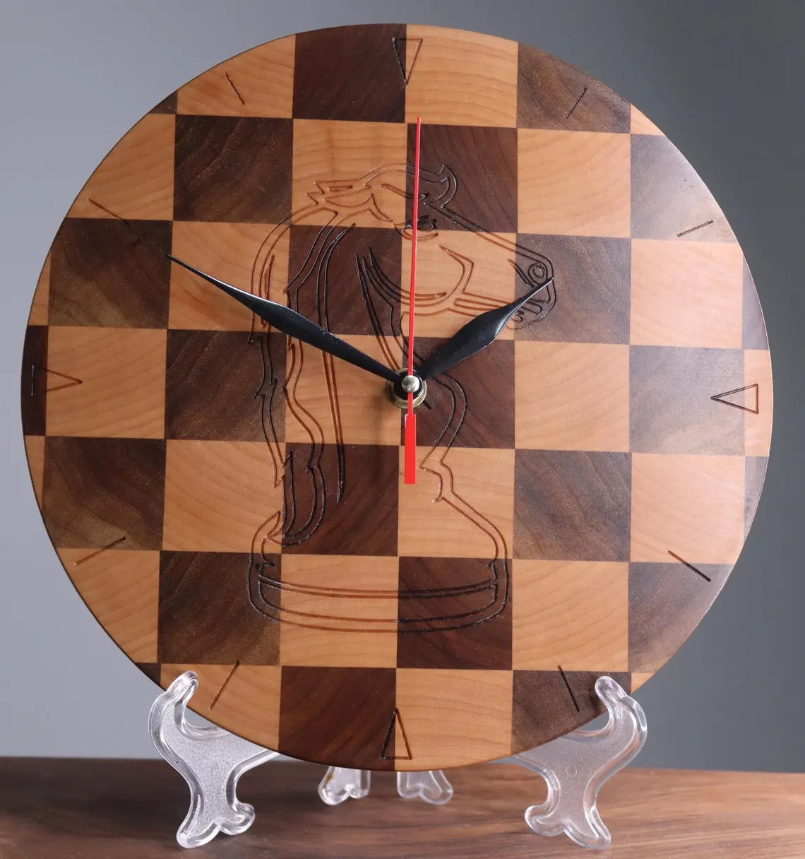 Exclusive end grain wooden clock chess knight