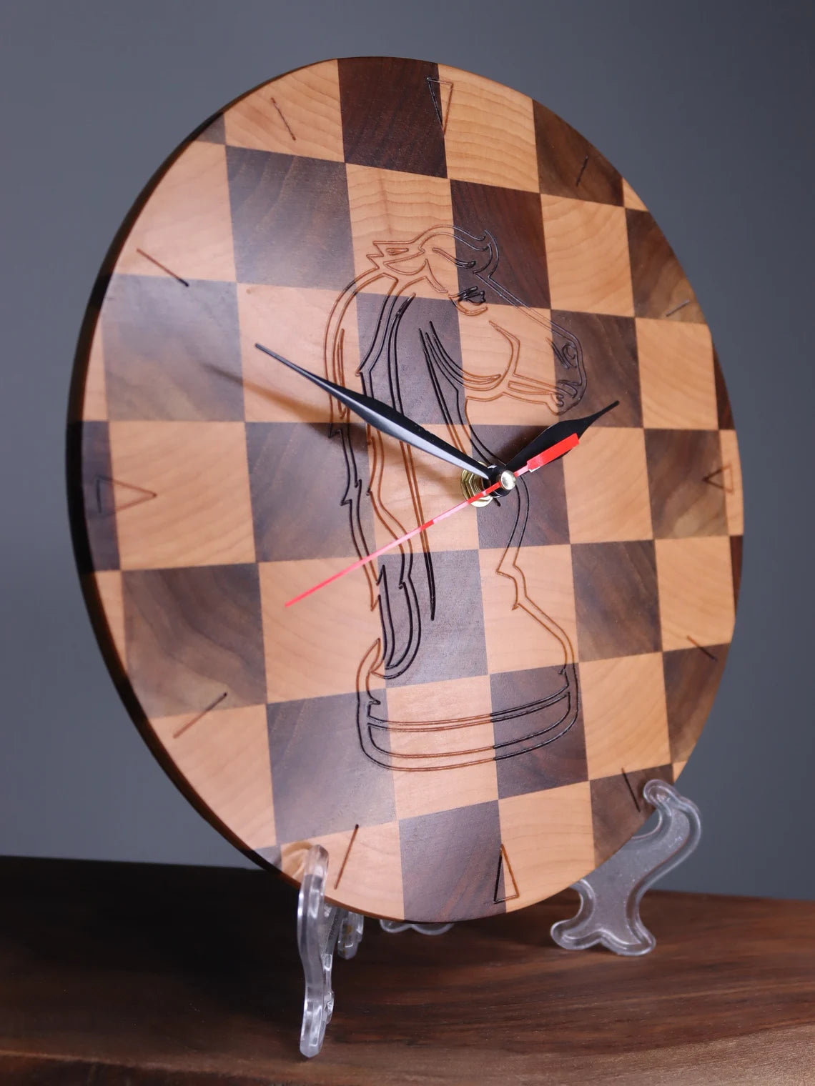 Exclusive end grain wooden clock chess knight